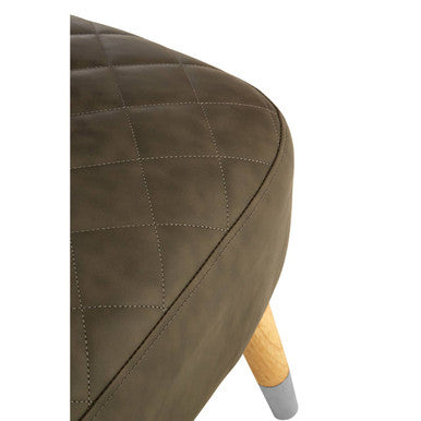 Olive green quilted faux leather stool with light wood legs and gray caps for richy brown leather effect accent chair