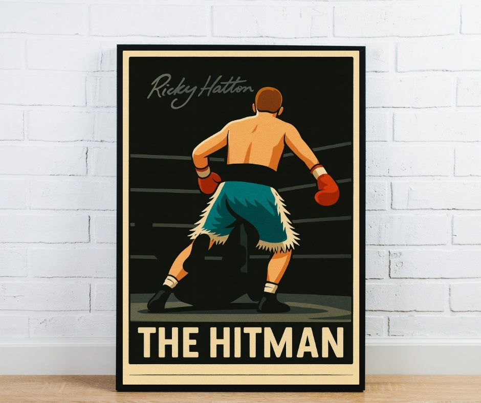 A framed ricky hatton tribute poster featuring a stylized illustration in teal trunks titled the hitman