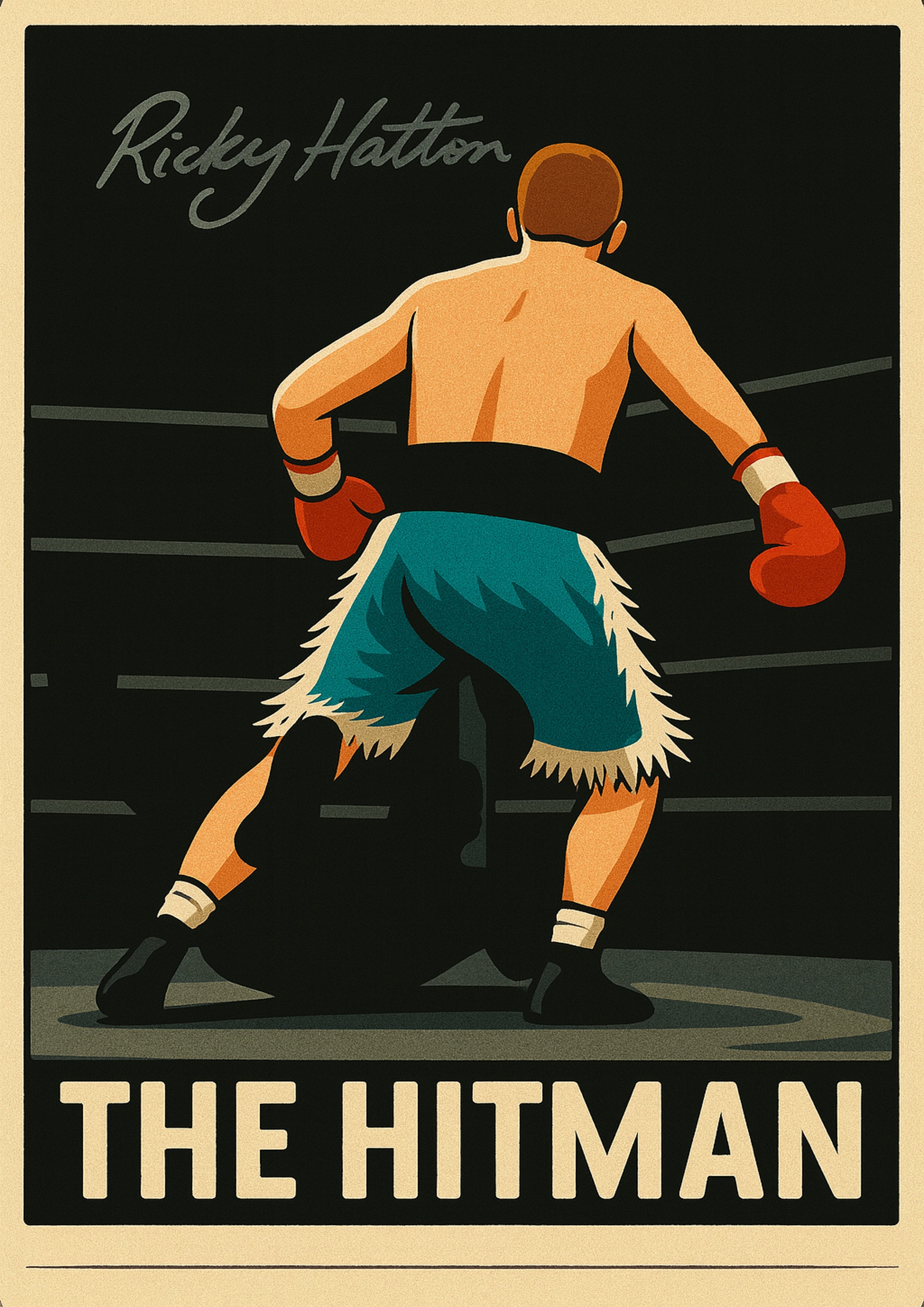 Vintage-style ricky hatton tribute poster featuring a stylized boxer in teal trunks red gloves and black boots