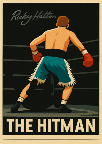 Vintage-style ricky hatton tribute poster featuring a stylized boxer in teal trunks red gloves and black boots