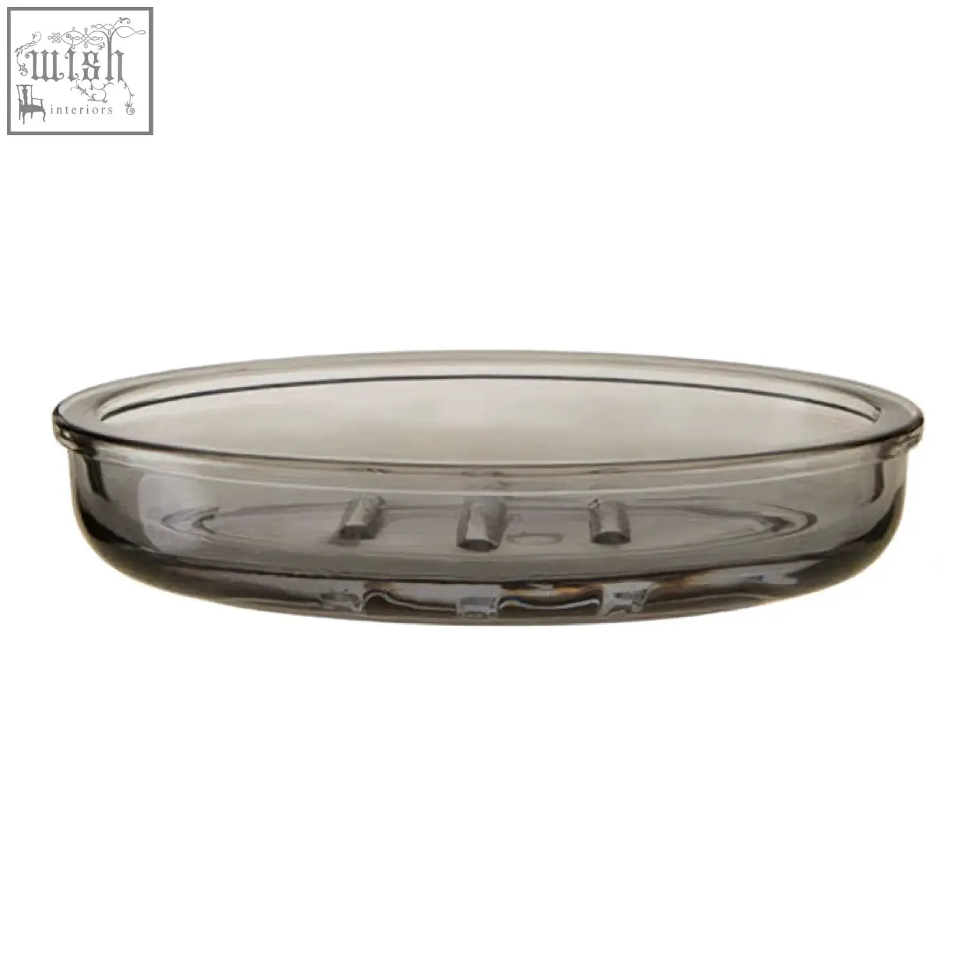 Ridley glass soap dish with subtle gray tint and three raised grooves for holding bars of soap