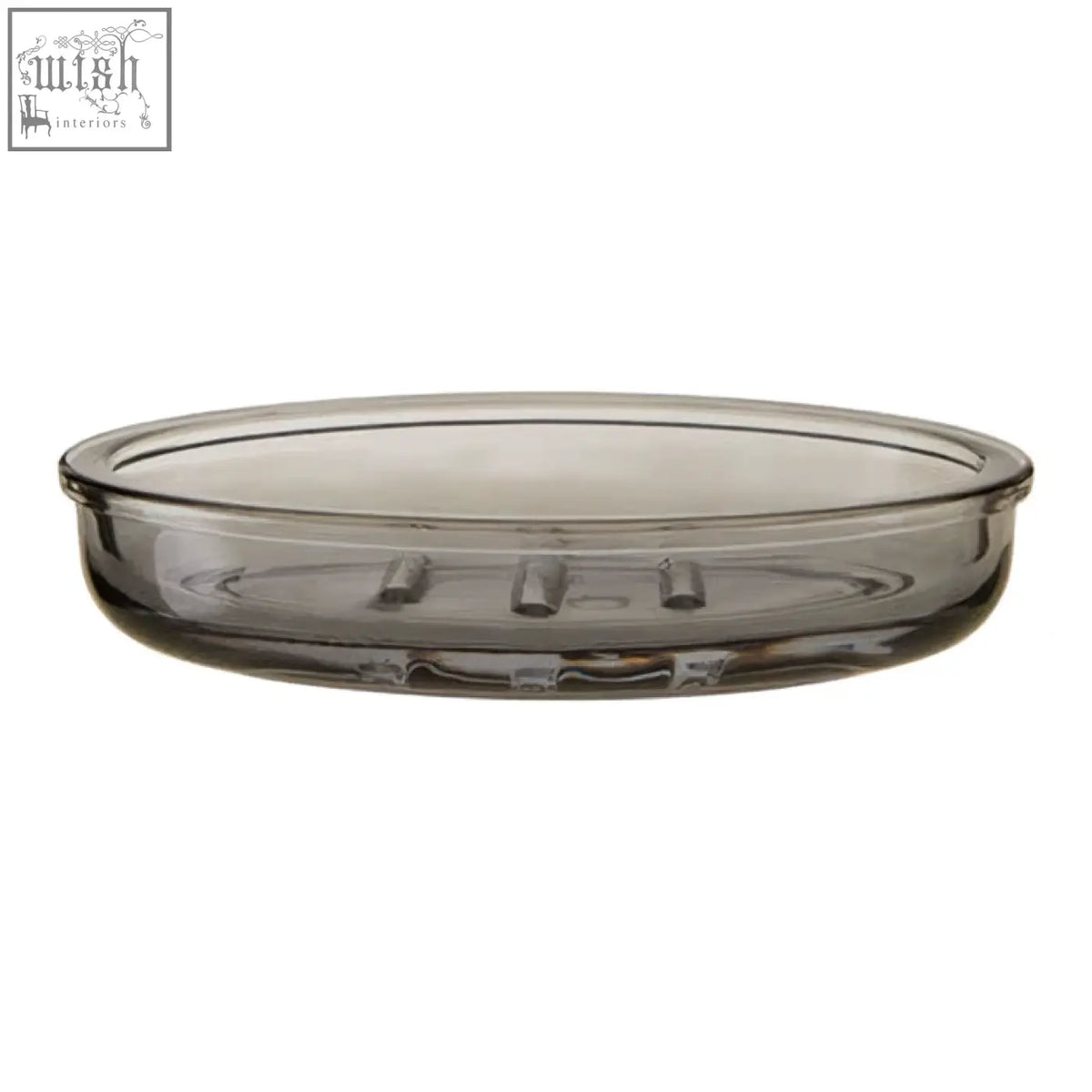 Ridley glass soap dish with subtle gray tint and three raised grooves for holding bars of soap