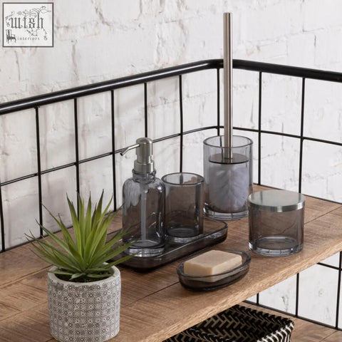 Modern gray glass soap dish with metallic accents and sleek minimalist design from ridley glass bathroom set