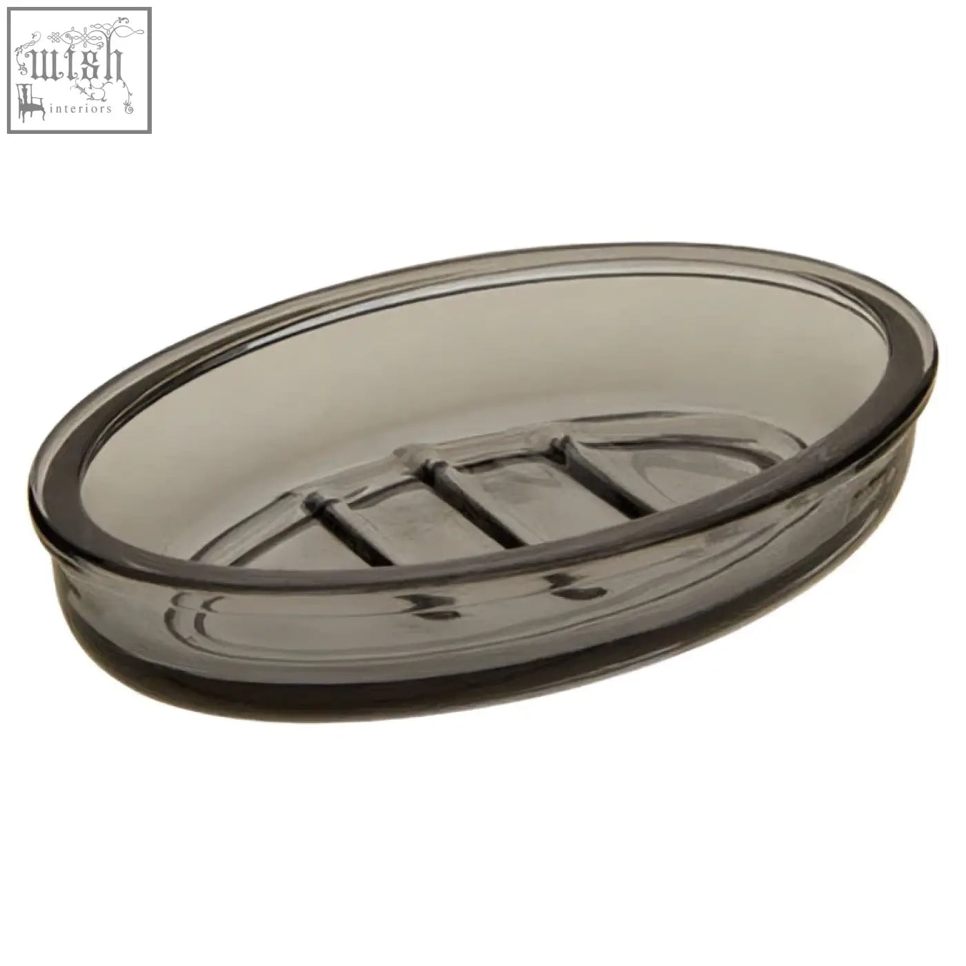 Ridley glass soap dish transparent gray oval with smooth glossy finish and subtle ridges for drainage in glass soap dish