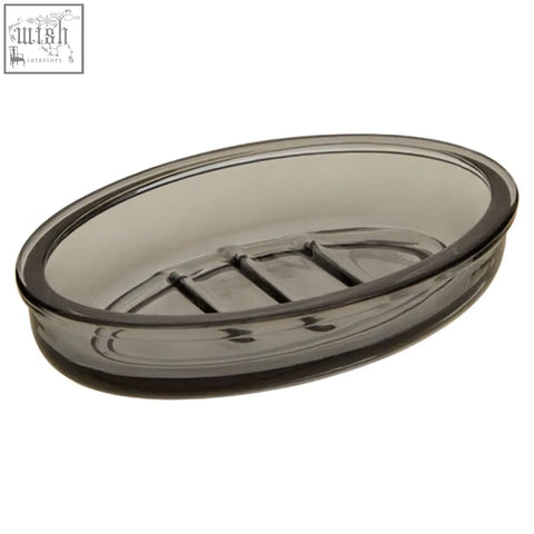Ridley glass soap dish transparent gray oval with smooth glossy finish and subtle ridges for drainage in glass soap dish