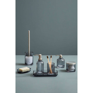 Ridley glass tumbler bathroom set in gray glass with frosted marble pattern and sleek modern design