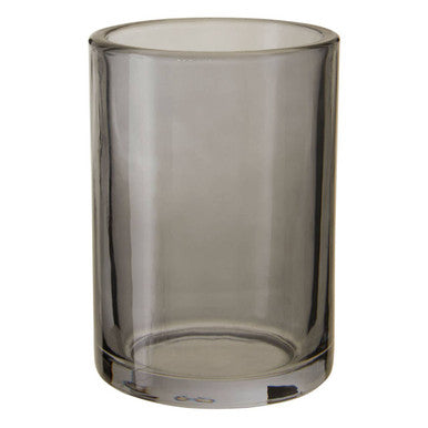 A sleek translucent gray glass tumbler with a smooth rounded rim and sturdy base called ridley glass tumbler
