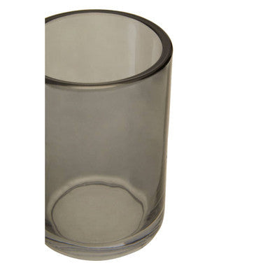 A sleek translucent gray glass tumbler with a smooth rounded rim and sturdy base called ridley glass tumbler