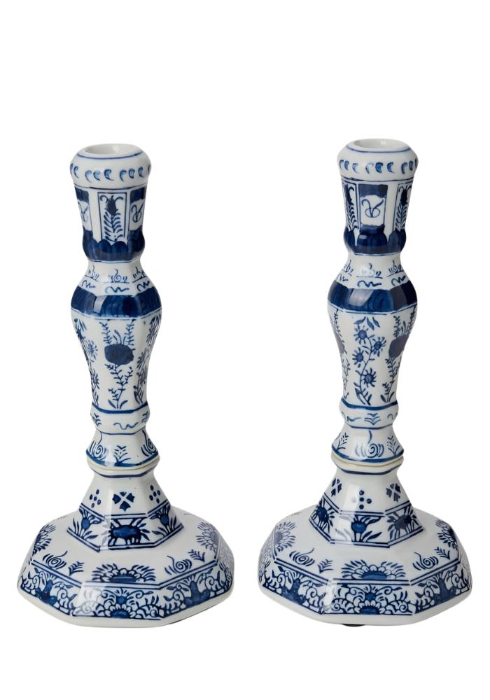 Rijksmuseum delft blue and white ceramic candlesticks with intricate floral and geometric patterns in a pair