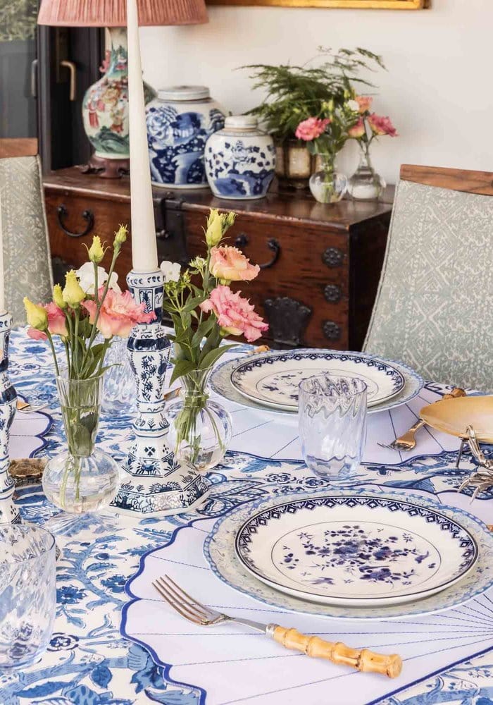 Blue and white floral patterned ceramic candle holders pair from rijksmuseum with intricate delft designs