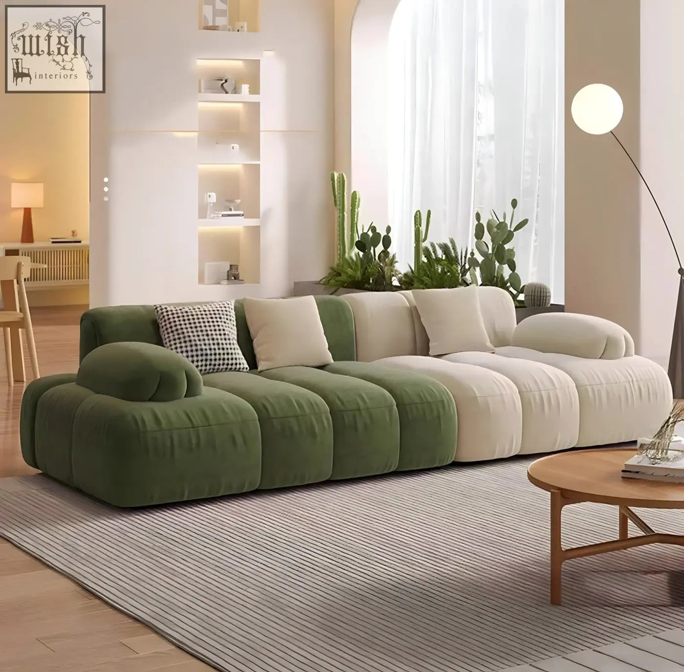 Modular riku sofa with plush segmented cushions in olive green and cream tones perfect for cozy living spaces
