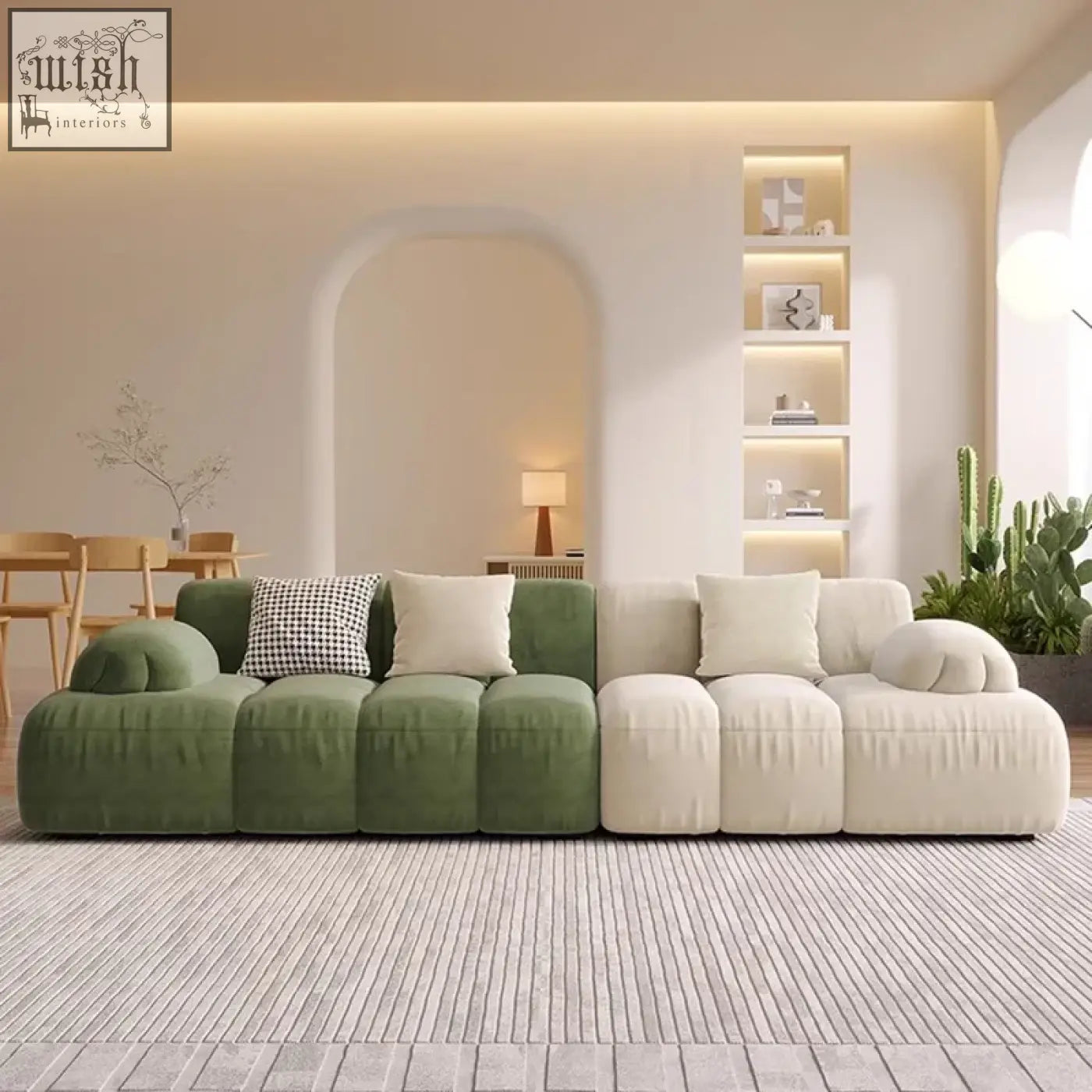 Modular sectional riku sofa with soft plush green and cream fabric finish perfect for cozy living spaces