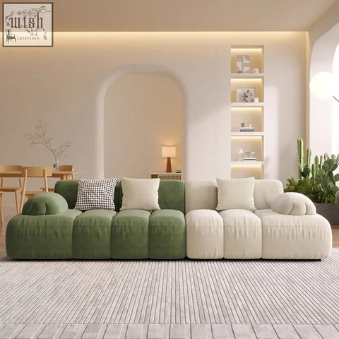 Modular sectional riku sofa with soft plush green and cream fabric finish perfect for cozy living spaces