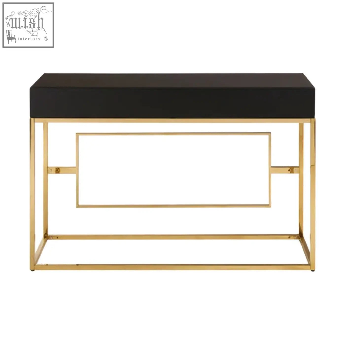 Black and gold rimini console table with sleek rectangular top and open metal frame for modern decor