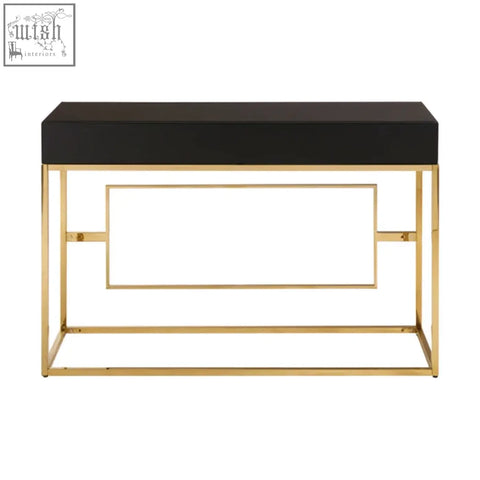 Black and gold rimini console table with sleek rectangular top and open metal frame for modern decor