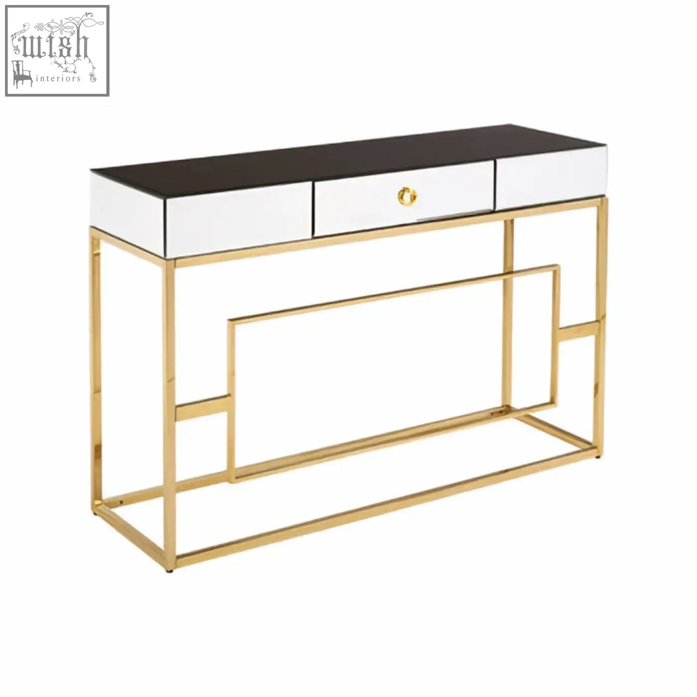 Gold finished metal rimini console table with black and white mirrored top and three drawers for stylish storage