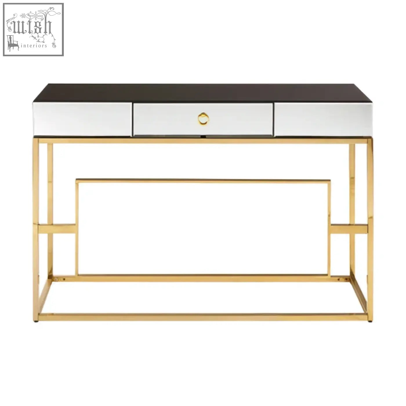 Gold-finished metal rimini console table with mirrored top black countertop and one central drawer
