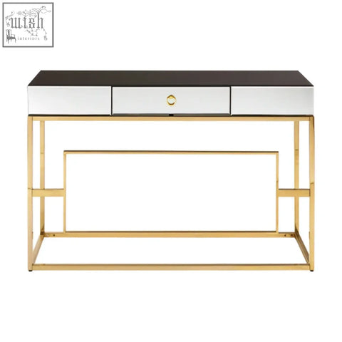 Gold-finished metal rimini console table with mirrored top black countertop and one central drawer