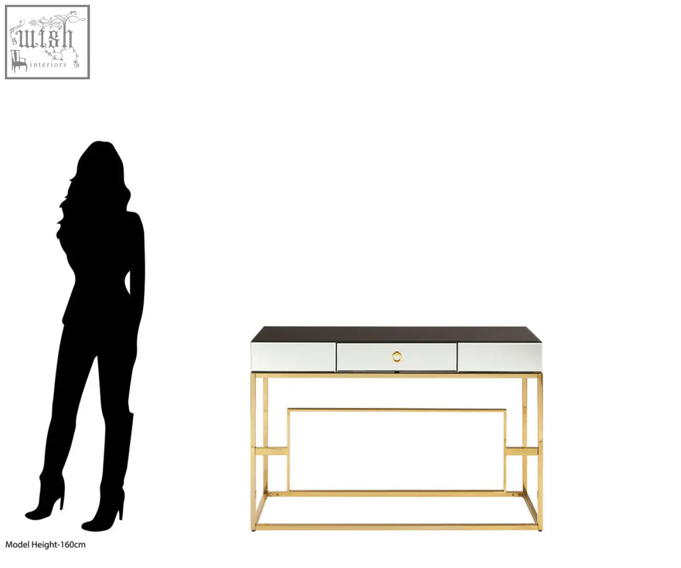 Gold-framed rimini console table with mirrored top black center panel and three drawers for stylish storage