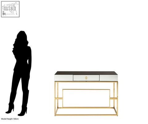 Gold-framed rimini console table with mirrored top black center panel and three drawers for stylish storage