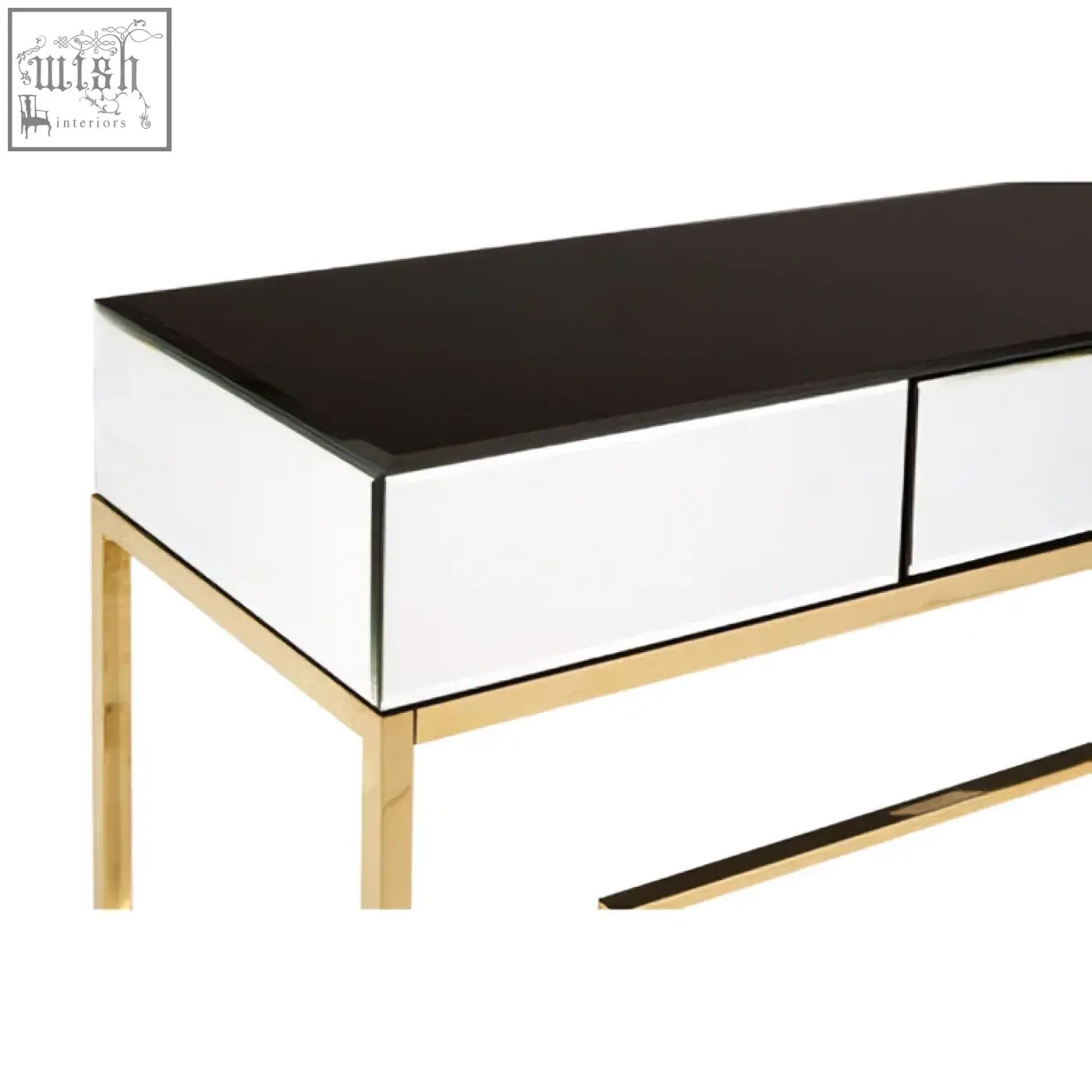 Modern minimalist rimini console table with glossy black top white mirrored drawers and slender gold-tone legs