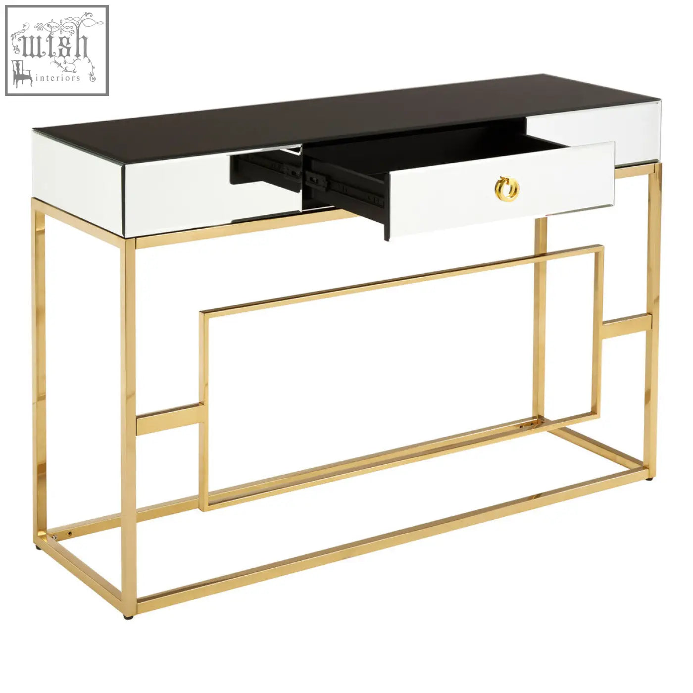Modern rimini console table with a sleek black and white mirrored top, gold metal frame, and a drawer with a brass handle
