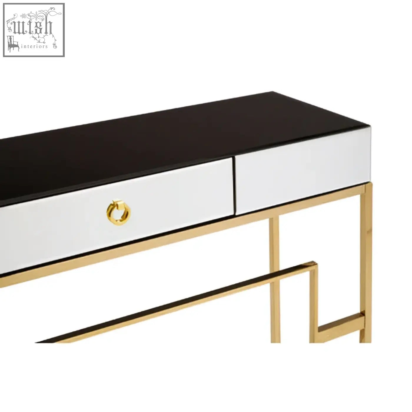 Modern rimini console table with black and white mirrored top gold metal frame and matching circular drawer pulls