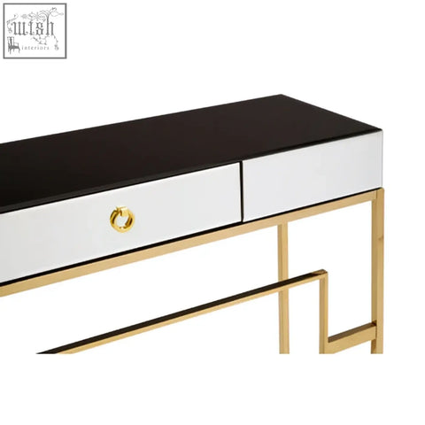Modern rimini console table with black and white mirrored top gold metal frame and matching circular drawer pulls