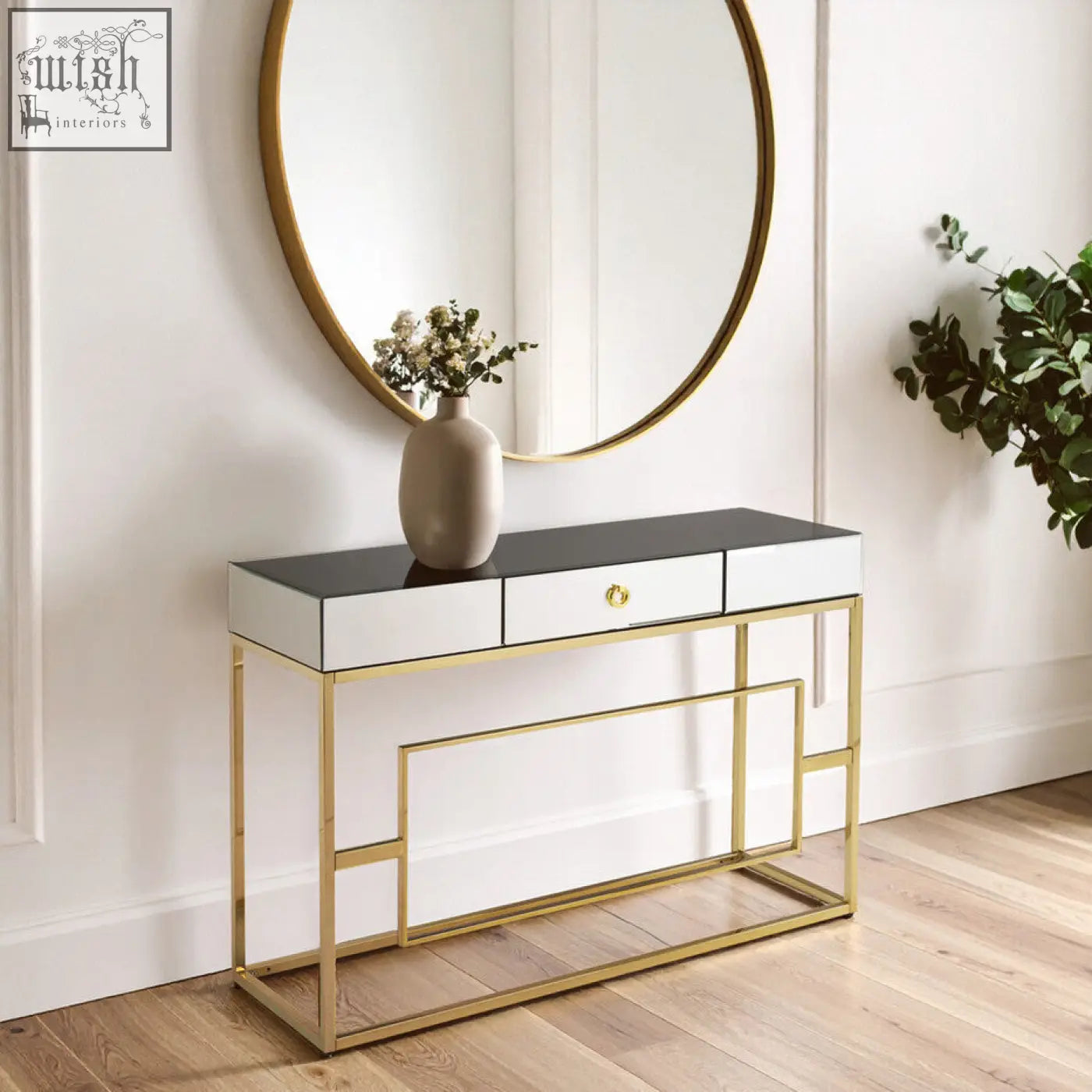Modern rimini console table with sleek black glass top white mirrored drawers and gold hardware frame