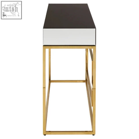 Modern rimini console table with sleek black and white mirrored top and polished gold metal frame