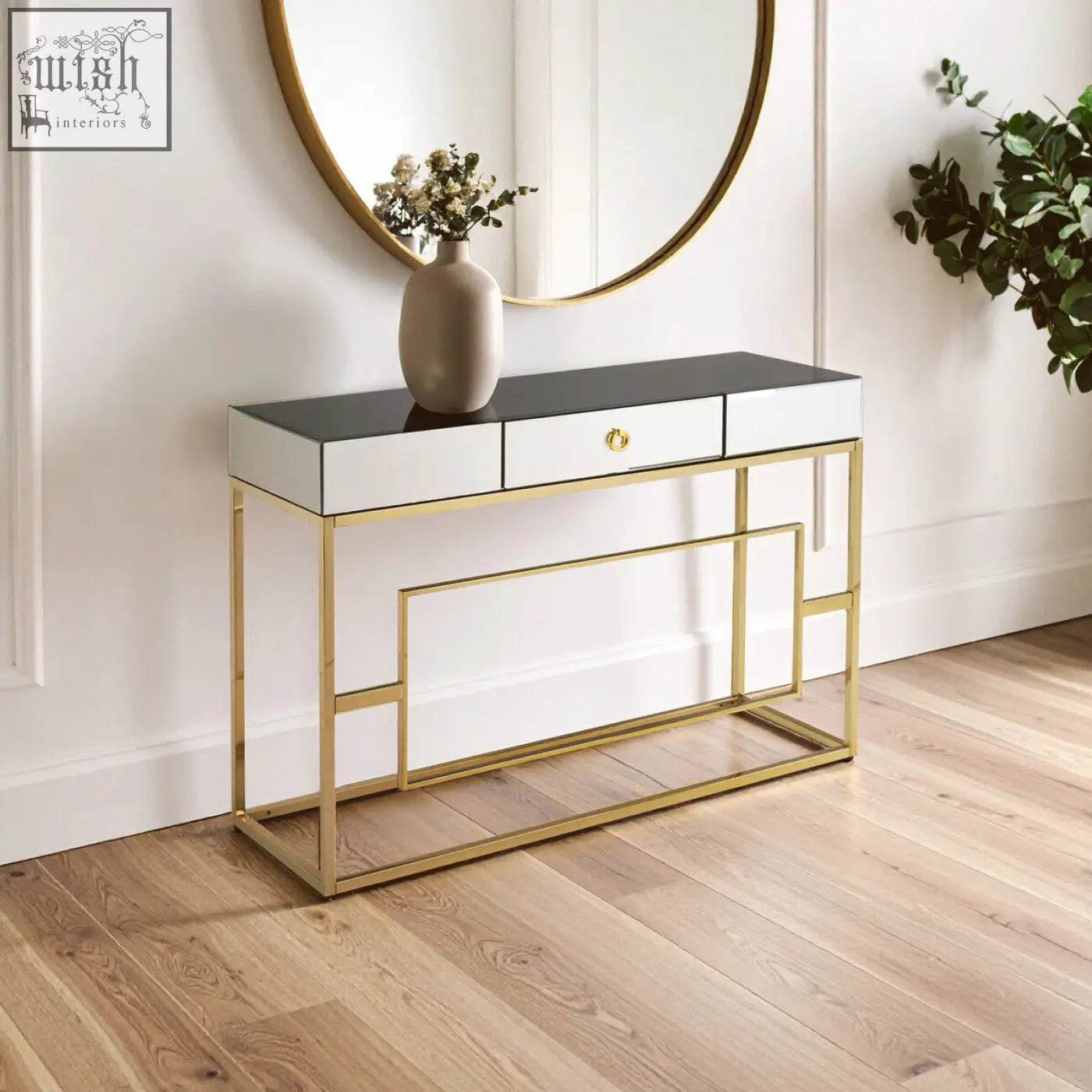 Modern rimini console table with black and white mirrored top gold metal frame and three drawers with gold handles