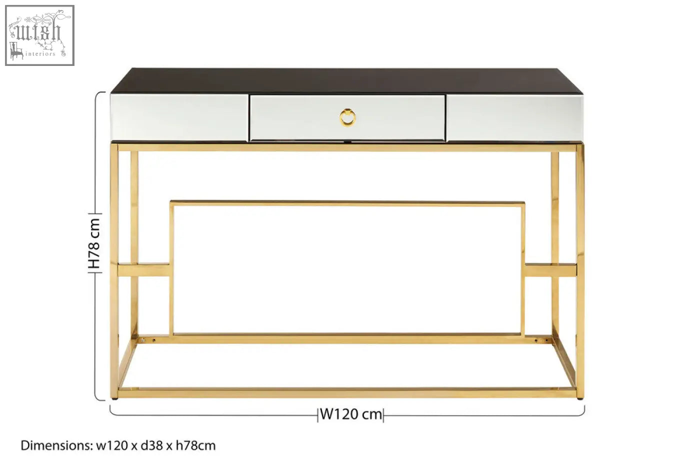 Modern rimini console table with sleek black and white mirrored top and gold metal frame with minimalist drawer design