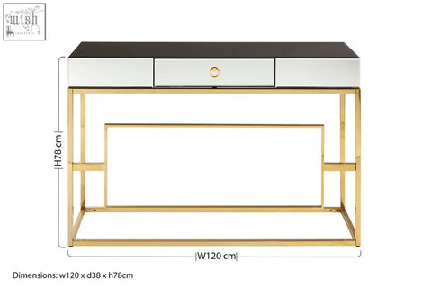 Modern rimini console table with sleek black and white mirrored top and gold metal frame with minimalist drawer design