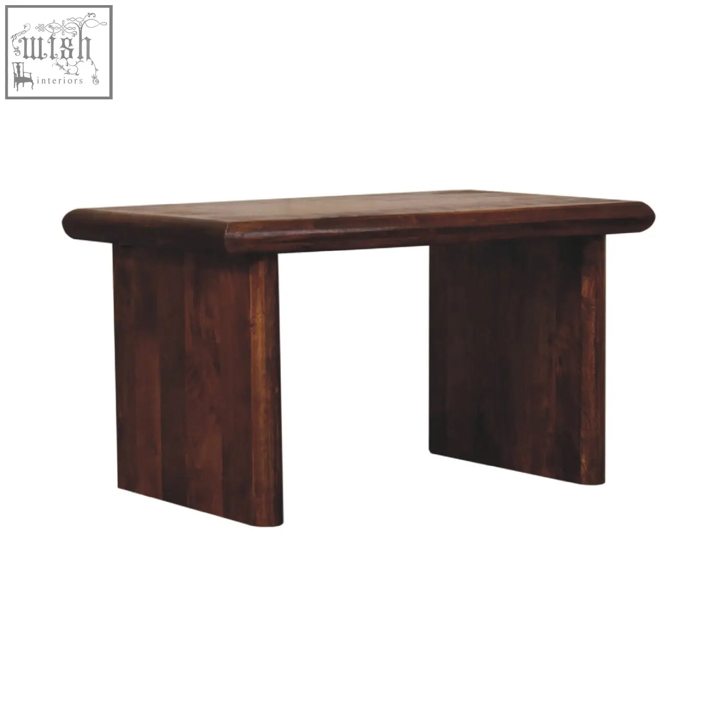 Dark brown rio coffee table with smooth polished finish and rounded edges made from solid mango wood chestnut color