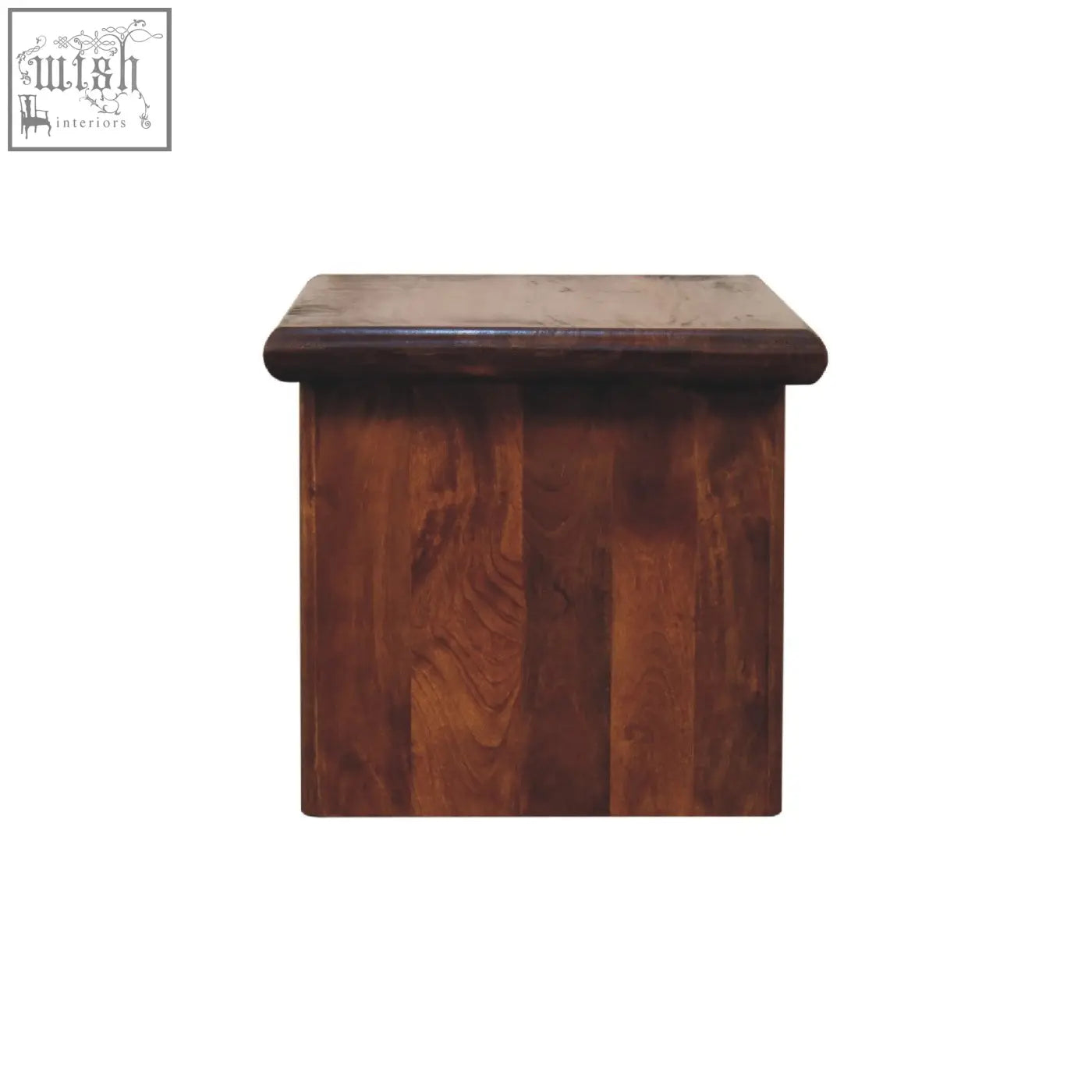 Dark brown rio coffee table end table with smooth rounded top and vertical panels made of solid mango wood chestnut finish
