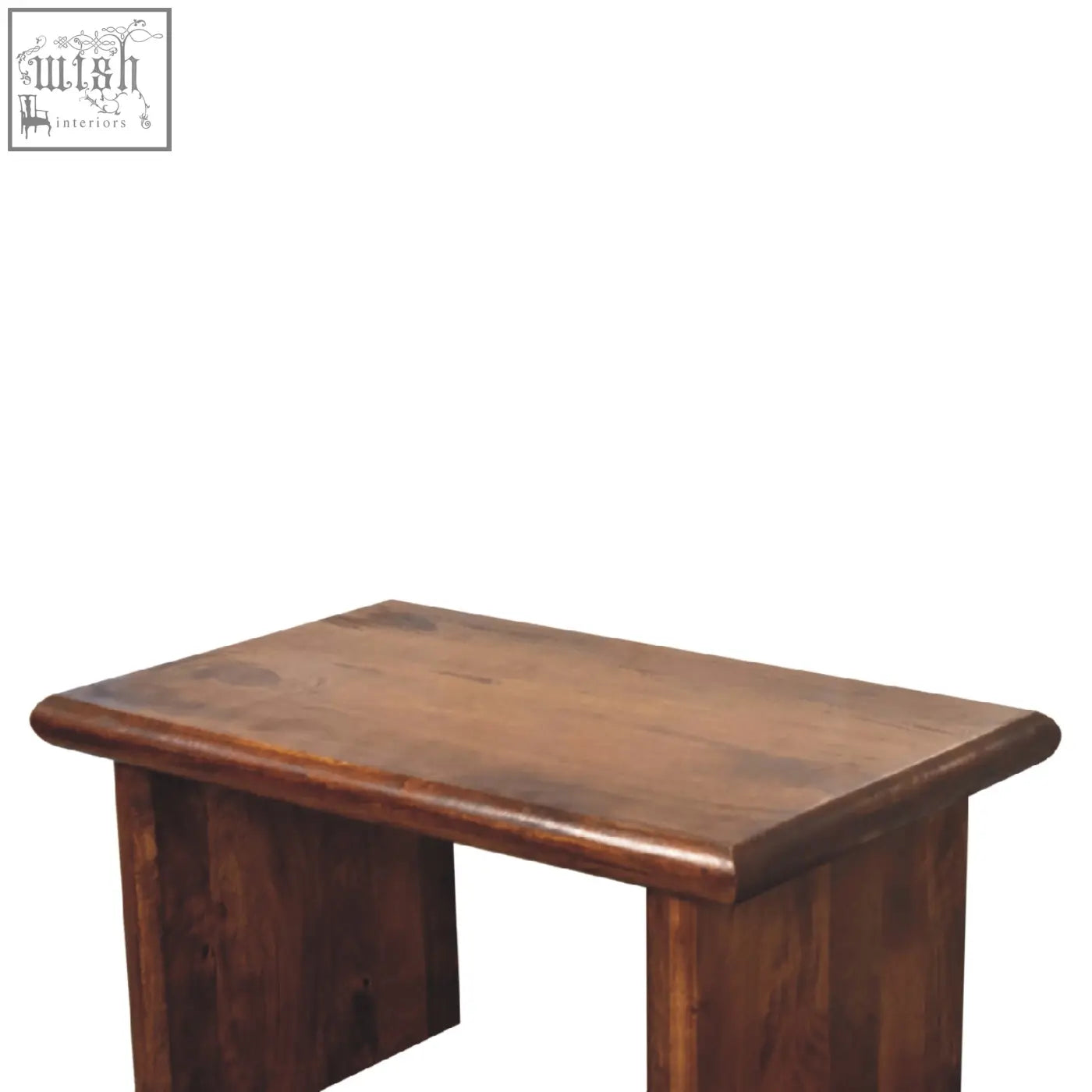 Dark brown wooden end table with smooth polished finish and rounded edges made of solid mango wood chestnut color