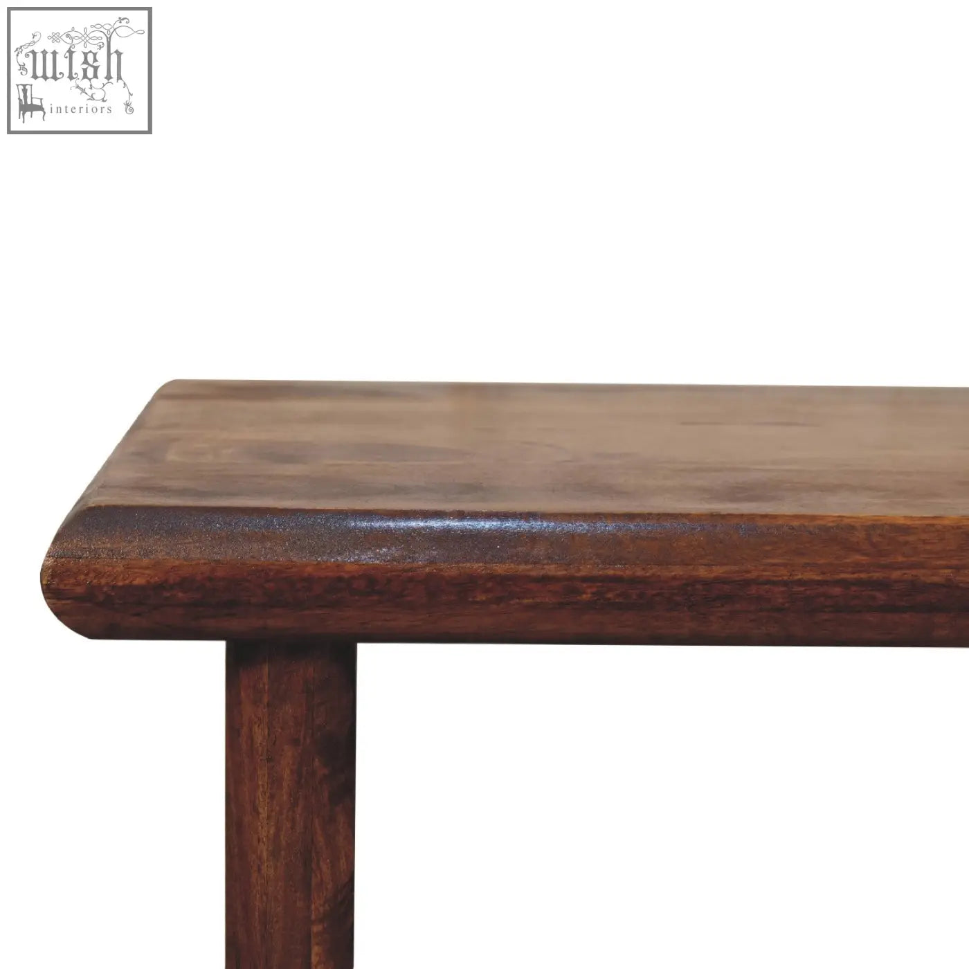 Rio coffee table in chestnut solid mango wood with a dark brown polished surface and rounded edges