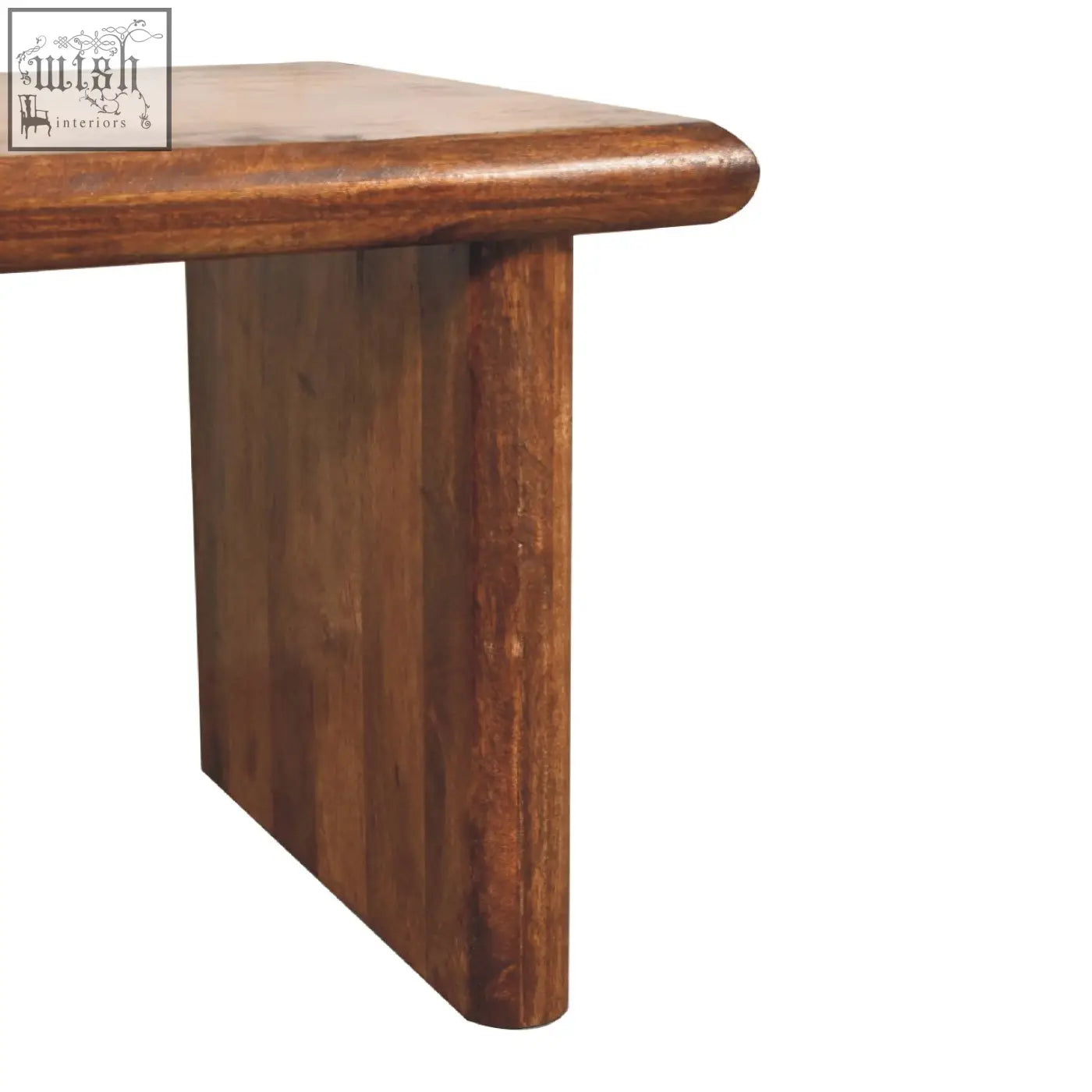 Rio coffee table in chestnut solid mango wood with rich brown smooth rounded edge and sturdy rectangular leg