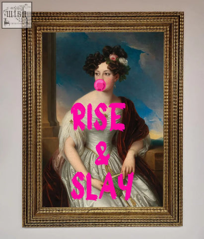 A rise and slay framed wall art featuring a classical woman portrait in an ornate gold frame with red shawl wall art