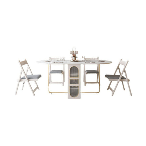Modern white foldable ritconcept classical dining table set with gold legs and gray cushioned folding chairs