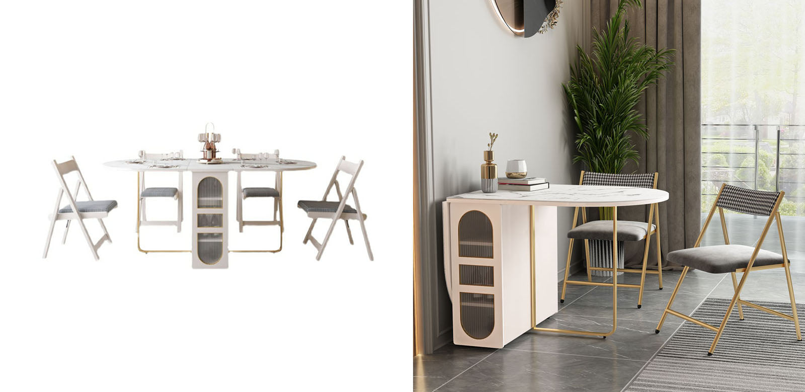 White foldable dining table with gold metal legs and storage from ritconcept classical dining table set