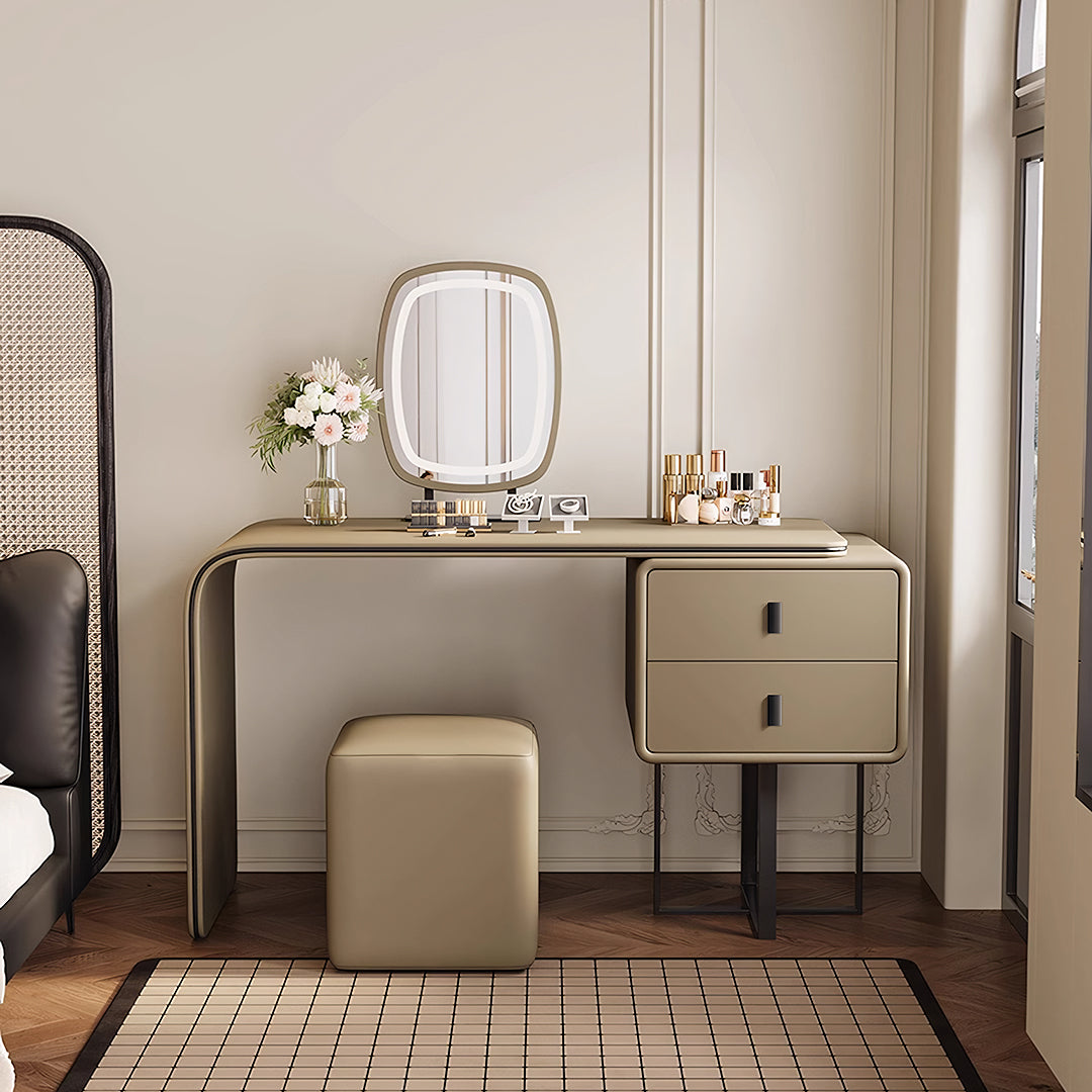 Beige rivera dressing table with sleek curved legs, two drawers, and illuminated rectangular mirror frame brown finish