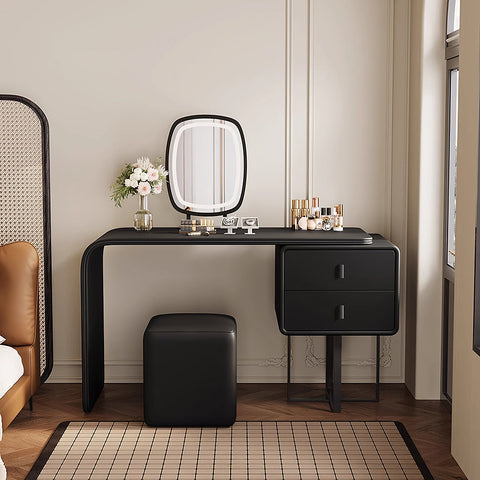 Black Rivera dressing table with sleek curved legs two drawers and a rectangular mirror with thin black frame