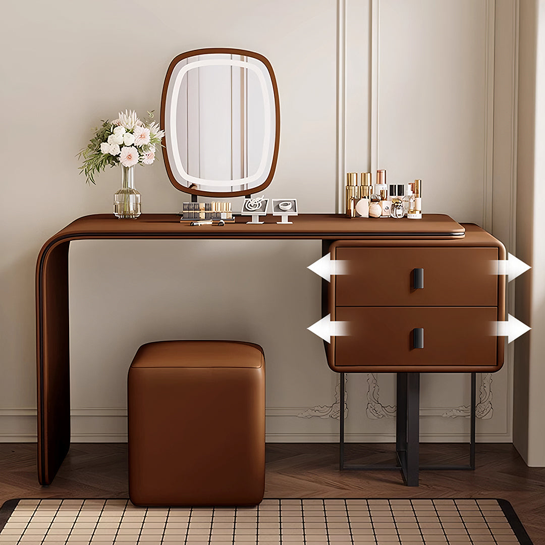Brown leather rivera dressing table with integrated drawers and matching upholstered stool more colours available