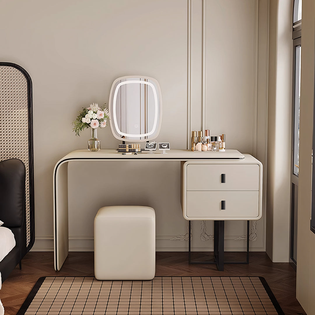 Modern cream-colored rivera dressing table with sleek curved edges black metal legs and built-in illuminated mirror