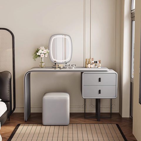 Modern gray rivera dressing table with sleek curved design and integrated led mirror in brown with more colours available