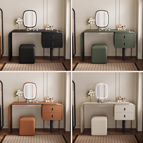 Modern rivera dressing table in brown with an oval led mirror and two central drawers for sleek storage
