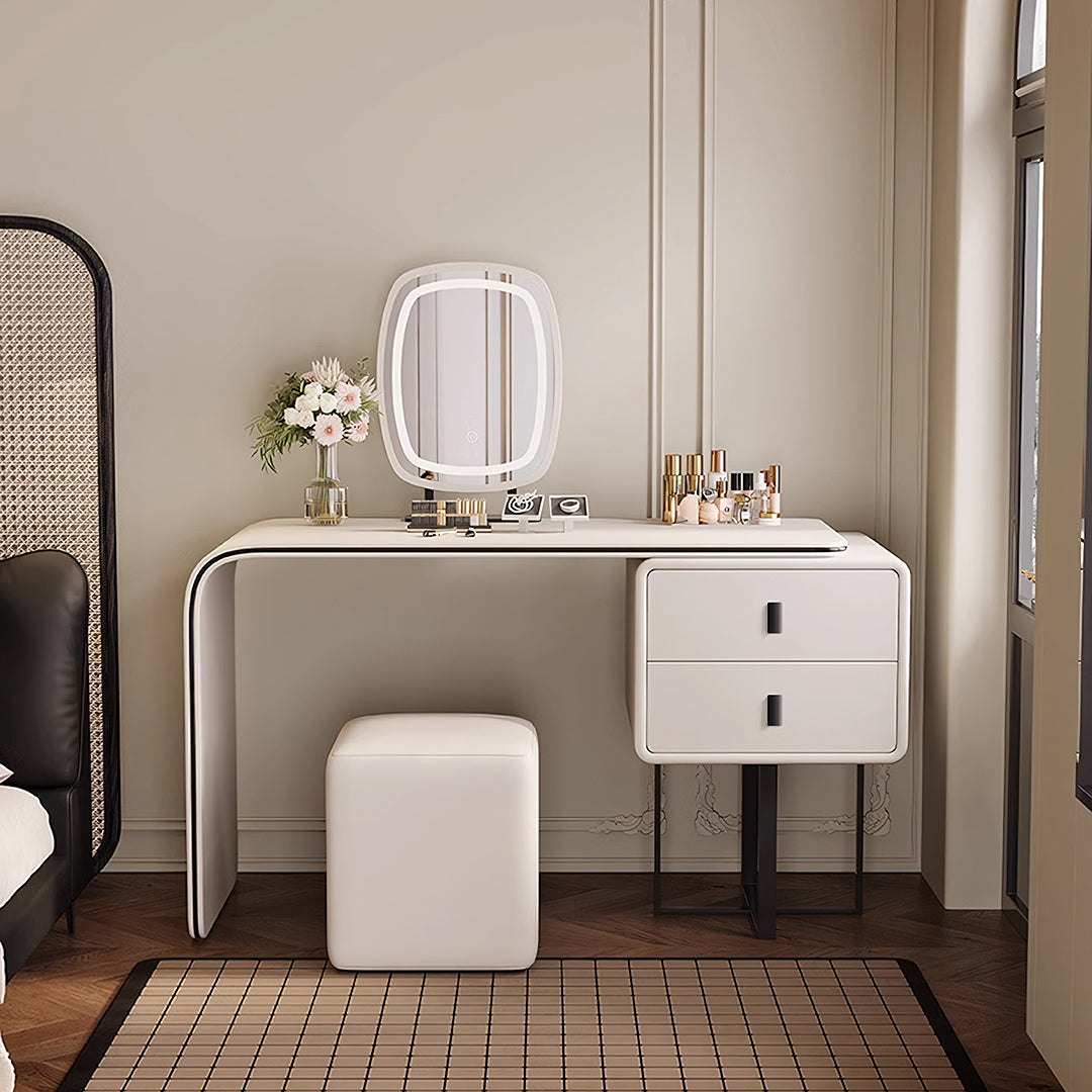 Modern white rivera dressing table with sleek curved legs and built-in illuminated mirror brown more colours available