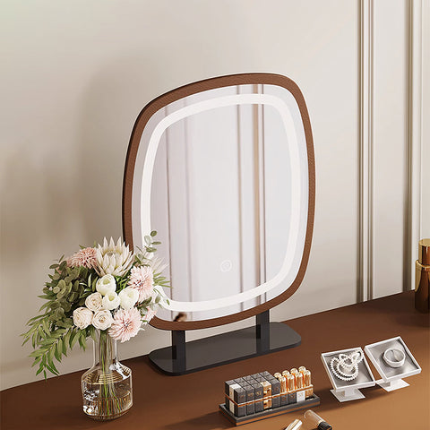 Rivera dressing table featuring a sleek rectangular vanity mirror with warm brown wooden frame and led lighting