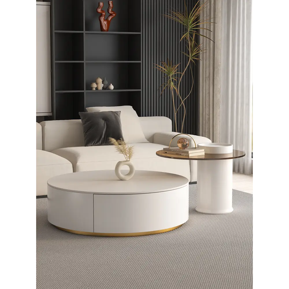 Riviera Round Nesting Coffee Table Set With Seat Pad, White｜ DC Concept
